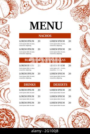 Mexican food menu template with hand drawn elements. Vector illustration in sketch style Stock Vector