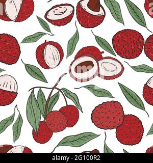 Seamless pattern with lychee fruits vector. Background with colored lychees, whole and halves, on a branch and leaves. Hand drawing. Fruit of China. Stock Vector