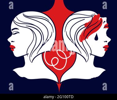 Portrait of woman with bipolar disorder. Happy and depressed faces - surreal metaphor. Female mental health - elegant line art, red accents
