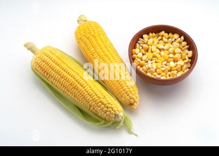 Closeup top view showing a pair of  Sweet Corn,Maize,Zea Mays,with seeds in wooden bowl displayed against white background, Stock Photo