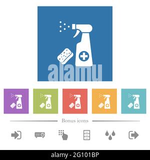 Disinfection spray and sponge flat white icons in square backgrounds. 6 bonus icons included. Stock Vector
