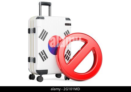 South Korea Entry Ban. Suitcase with South Korean flag and prohibition sign. 3D rendering isolated on white background Stock Photo