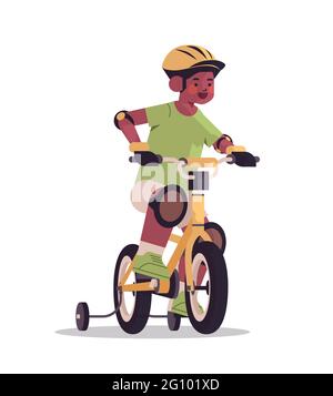 little african american boy in helmet riding bike childhood concept full length isolated vertical Stock Vector