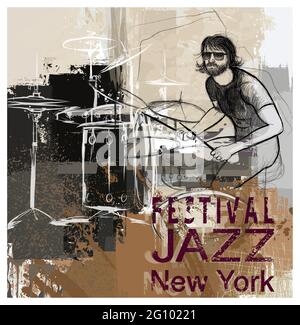 Drummer over grunge background - vector illustration Stock Vector
