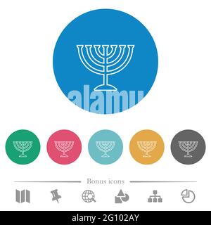 Menorah flat white icons on round color backgrounds. 6 bonus icons included. Stock Vector