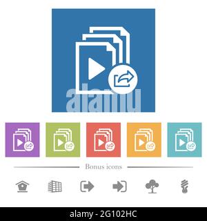 Export playlist flat white icons in square backgrounds. 6 bonus icons included. Stock Vector