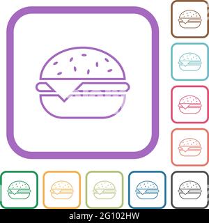 Single cheeseburger simple icons in color rounded square frames on white background Stock Vector