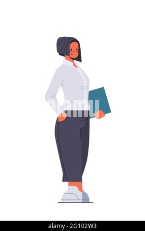 businesswoman in formal wear holding folder successful business woman standing pose leadership concept Stock Vector