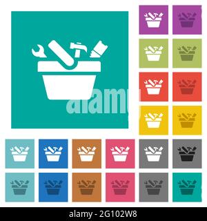 Toolbox multi colored flat icons on plain square backgrounds. Included white and darker icon variations for hover or active effects. Stock Vector