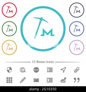 Monero cryptocurrency mining flat color icons in circle shape outlines. 12 bonus icons included. Stock Vector