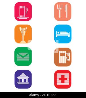 Different icons, coffe, gasoline, food, bank, postal office, drink, hotel and hospital. vector in different colors. Stock Vector