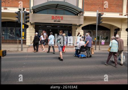 Pedastrian crossing outside the entrance of Roys of Wroxham norfolk Stock Photo