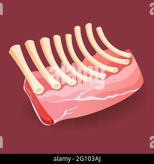 Raw meat - Veal rack Ribs on red background vector illustration Stock Vector