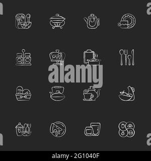 Trendy tableware chalk white icons set on dark background Stock Vector