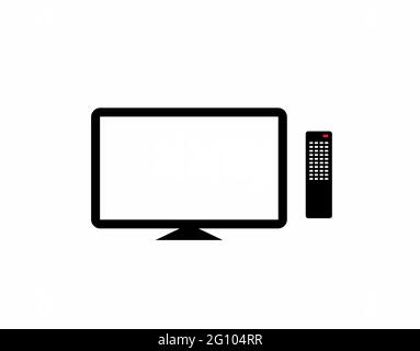 A flat design of a television and a remote control. A tv set vector line design for apps, logo, sign or website in black and white Stock Vector