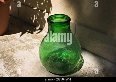 An empty green blown glass vase resting on the ground in the garden (Marche, Italy, Europe) Stock Photo