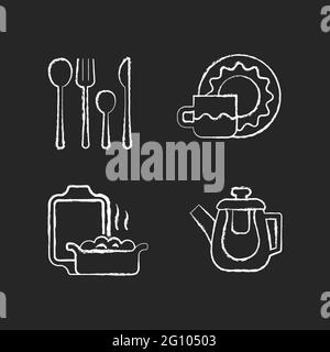 Dinner accessories chalk white icons set on dark background Stock Vector