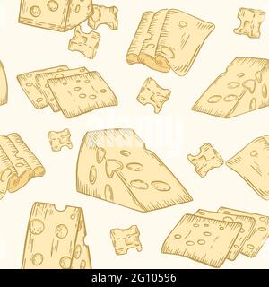 Seamless pattern with cheese, vector. Cheese with holes, different pieces and slices. Colored background with dairy product Maasdam cheese. Stock Vector