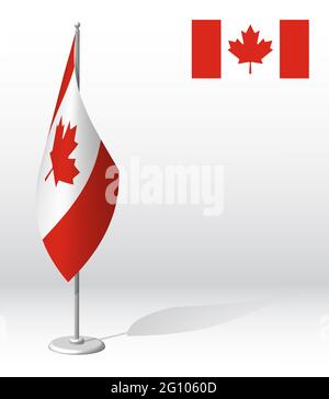 Canada flag on flagpole for registration of solemn event, meeting foreign guests. National independence day of Canada. Realistic 3D vector on white Stock Vector