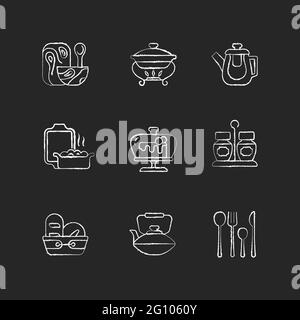 Trendy tableware chalk white icons set on dark background Stock Vector