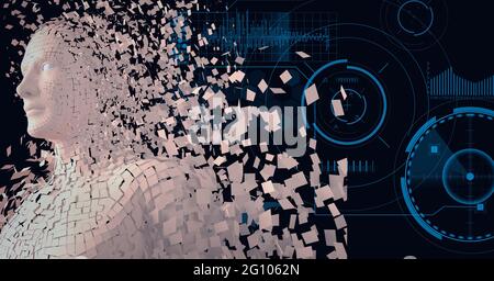 Composition of exploding human bust formed with particles over data processing Stock Photo