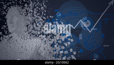 Composition of exploding human bust formed with particles over data processing Stock Photo