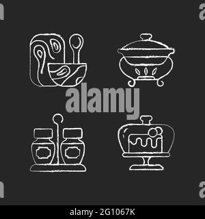Modern tableware chalk white icons set on dark background Stock Vector
