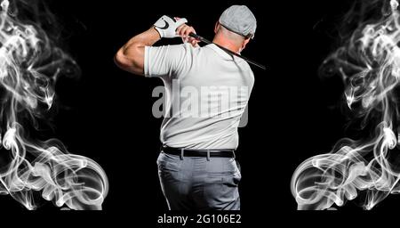 Composition of caucasian male golf player holding golf club over clouds on black background Stock Photo