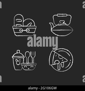 Kitcken dinnerware chalk white icons set on dark background Stock Vector