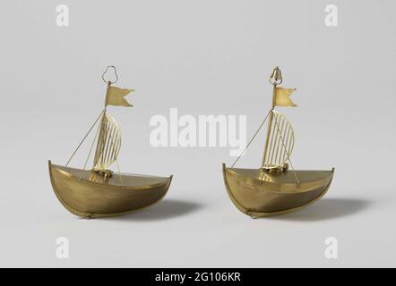 Two Models or Floating Beacons. Two virtually identical models of an iron driving beacon in the form of a small boat with a mast with a screen and a bell. The hull is sharp V-shaped, equipped with a keel and with a clear distinction between front and stern; The top is closed and equipped with a manhole and a pump that is closed with a hexagonal screw cap. A harp closure for the anchor chain hangs on the keel, which can be placed in three different places. The masts are stamped with four stains, which are performed in staffiled steel, two front and two. The screens consist of two half circles, Stock Photo