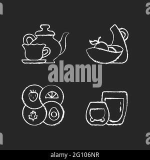 Trendy kitchenware chalk white icons set on dark background Stock Vector