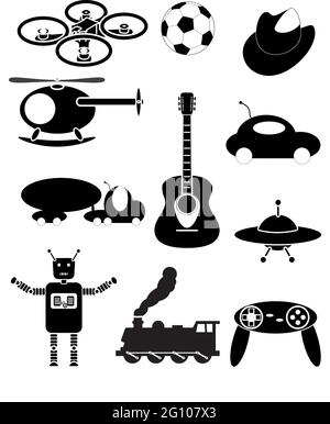 Science fiction figures, an alien, rocket, robot the moon and a meteor Stock Vector