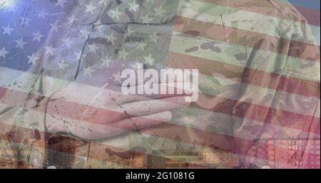 Composition of male soldier swearing with hand on heart over american ...