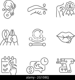 Tattoo and piercing creation linear icons set Stock Vector