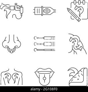 Tattoo and piercing instruments linear icons set Stock Vector