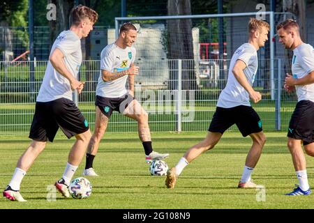 Vienna, Austria. 3rd June, 2021. Marko Arnautovic (2nd L) of Austria attends a training session in Vienna, Austria, June 3, 2021. Austrian national football player Marko Arnautovic, under contract with Shanghai Port FC in the Chinese Football Association Super League (CSL), started preparation for the UEFA EURO 2020 which will begin on June 11. Credit: Georges Schneider/Xinhua/Alamy Live News Stock Photo