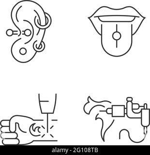 Tattoo and piercing masters linear icons set Stock Vector