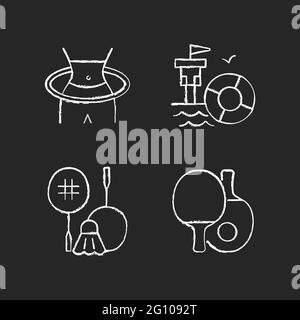 Summer camp activities chalk white icons set on dark background Stock Vector