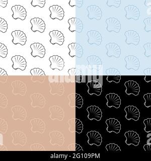 set of seamless patterns with closed sea shell icon. Scallop, edible shellfish and seafood. Ornament for decoration and printing on fabric. Design ele Stock Vector
