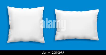 Clean white pillows mockup isolated on blue background, vector illustration in realistic style. Square cushion for relaxation and sleep template. Stock Vector