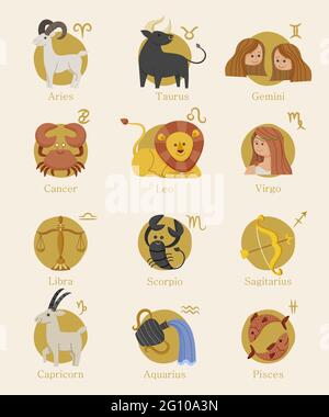 Hand drawn zodiac sign set Vector illustration. Stock Vector