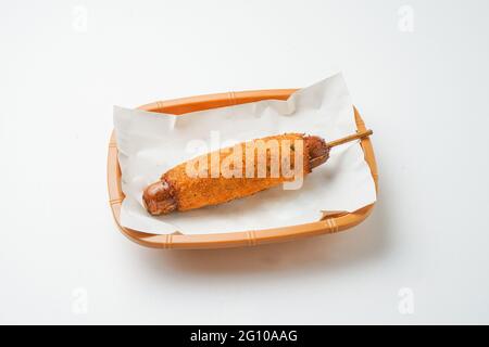 Fried hot dog in a basket Stock Photo