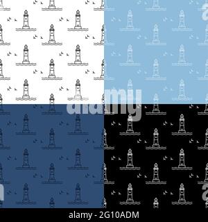 set of seamless patterns with Marine coastal lighthouse. Safe route in shipping area. Ornament for decoration and printing on fabric. Design element. Stock Vector