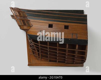 Half model of the tern or a 74-gun ship of the line. Splitting model (starboard), above the lower bark wood, the skin is applied, including sents on molds. Wrecked mirror with four throws and turntable. Hollow wulf with a gate. The fence, decorated with trumpet blowing angels, weapon trophies and prainmesh, has two floors with a westerland on the top floor. The side gallery has two floors and is decorated with praise. Understanding, head deck, semi-deck and top campaign. The seam goes back to the back, two bark woods and a reehout. The carving is practically identical to that of NG-MC-91 and b Stock Photo
