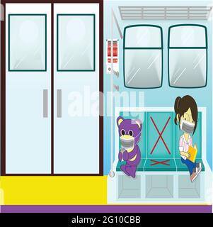 Mr.Purple bear with friend sit on the train by the social distancing way Stock Vector