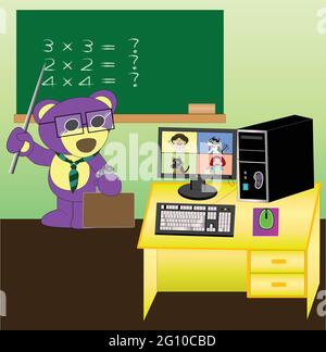 Mr.Purple bear with friends are studying in online style Stock Vector