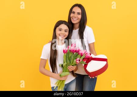 happy mothers and womens day. spring flower bouquet gift. childhood and motherhood. Stock Photo