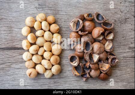 Organic Macadamia nuts and shell on wooden table Stock Photo