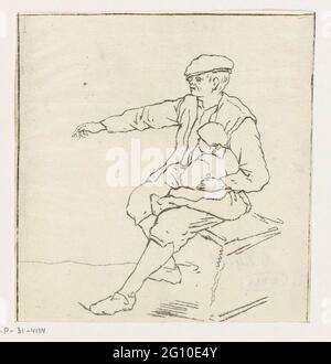 Man with child. A man with a cap has a child sitting on his lap and points something in the distance with his left hand. Stock Photo