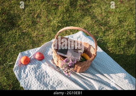 Picnic wicker basket with fruits, newspaper,wine and cloth on grass Stock Photo